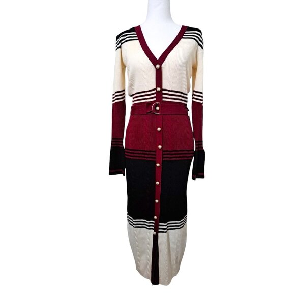 Ashley Stewart Dresses & Skirts - Ashley Stewart Belted Striped Sweater Dress Burgundy/Black Size 10 NWT